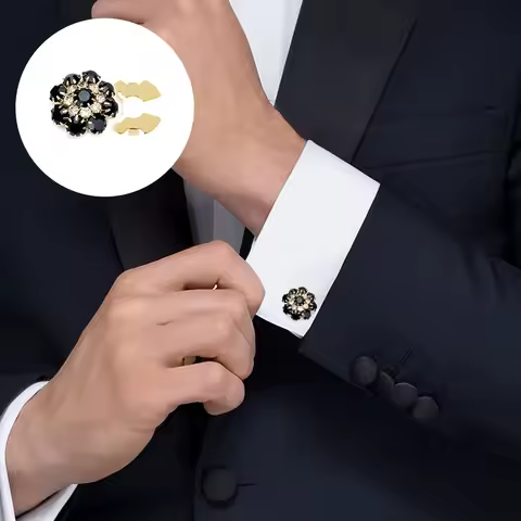 Boutons de manchette strass fleur couverture argent